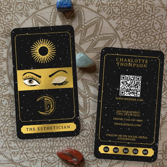 Celestial Tarot Sun Moon Makeup Artist Black Gold  Business Card (Celestial Tarot Sun Moon Makeup Artist Black Gold Business Card)