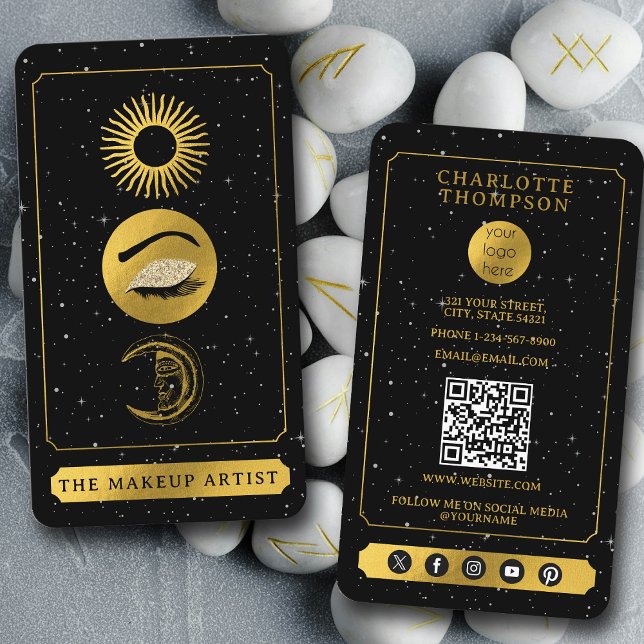 Celestial Tarot Sun Moon Makeup Artist Black Gold Business Card (Celestial Tarot Sun Moon Makeup Artist Black Gold Business Card)