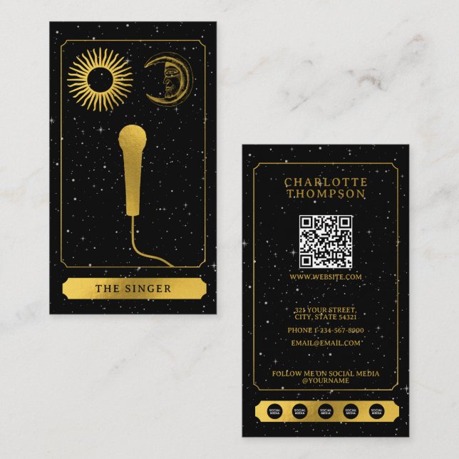 Celestial Tarot Sun Moon Signer Microphone Gold Business Card (Front/Back)
