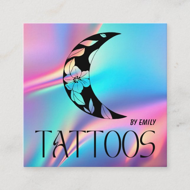 Celestial Tattoo Salon Moon Holographic Square Business Card (Front)
