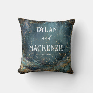 Celestial Teal Gold Starry Night Marbled Wave Cushion
