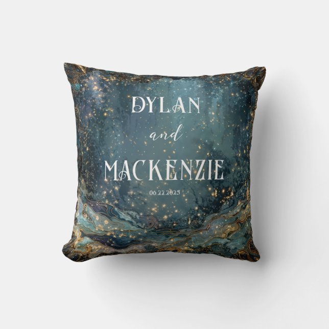 Celestial Teal Gold Starry Night Marbled Wave Cushion (Front)