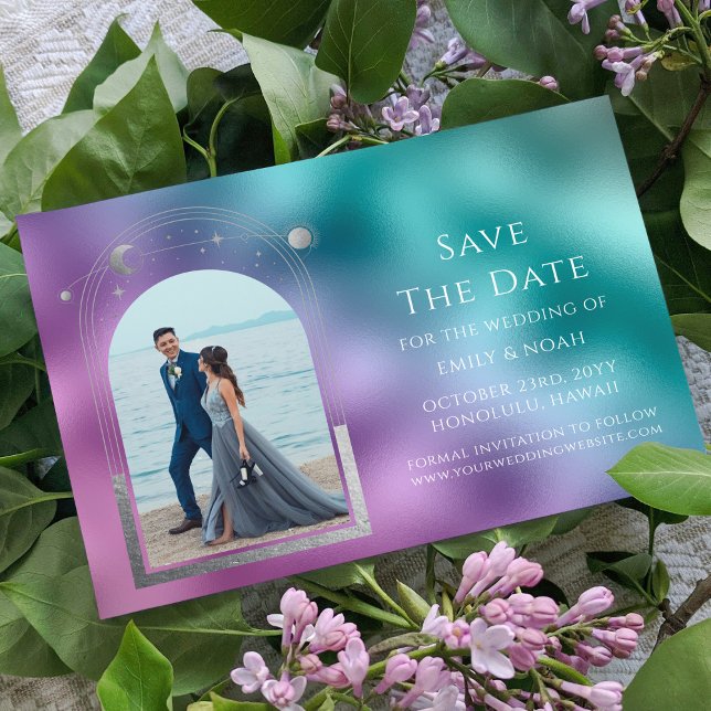 Celestial Teal Purple Silver Photo Wedding Save The Date (Creator Uploaded)