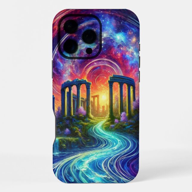 Celestial Temple Ruins with Flowing Cosmic River iPhone Case (Back)