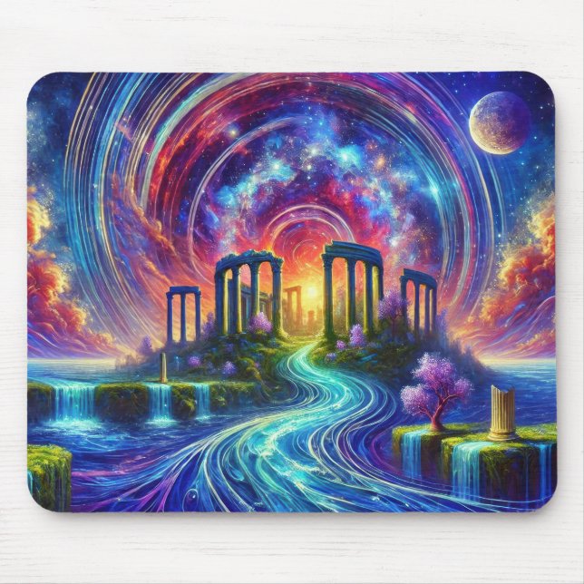 Celestial Temple Ruins with Flowing Cosmic River Mouse Pad (Front)