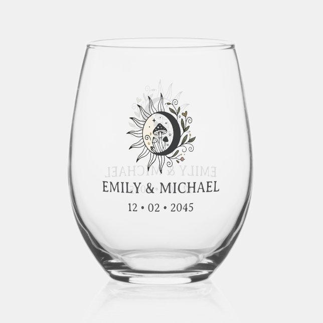 Celestial Theme Wedding Favour Stemless Wine Glass (Front)