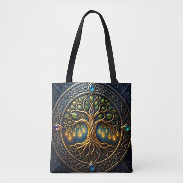 Celestial Tree of Light Celtic Golden Tree of Life Tote Bag (Front)