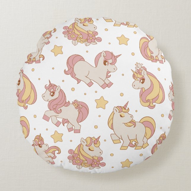 Celestial Unicorns & Stars Pattern Round Cushion (Front)