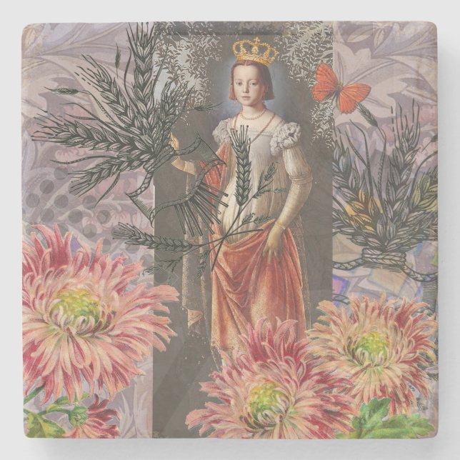 Celestial Virgo Goddess Collage: Vintage Celestial Stone Coaster (Front)