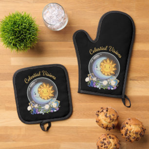 Celestial Visions Cute Sun and Moon Tarot Crysta Oven Mitt & Pot Holder Set