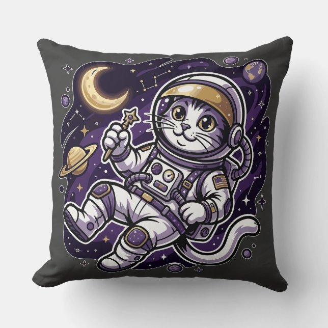 Celestial Voyager: Purple Astronaut Cat Space Masc Cushion (Front)