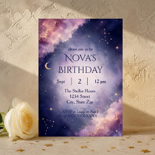 Celestial Watercolor Birthday Invitation Purple