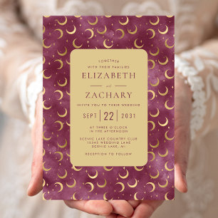 Celestial Watercolor Burgundy Gold Moons Wedding Invitation