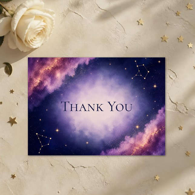 Celestial Watercolor Wedding Thank You Card (Elegant celestial wedding thank you card with watercolor galaxy clouds and shimmering gold accents.)