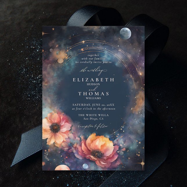 Celestial Waters Moon Stars Floral Elegant Wedding Invitation (celestial wedding invitation moody dark midnight sky watercolor floral elegant modern classic)