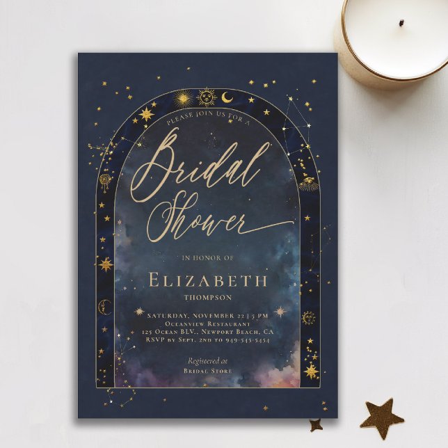 Celestial Waters Starry Zodiac Moon Bridal Shower Invitation (celestial bridal shower invitation zodiac signs astrology oracle universe mystical waters navy blue )