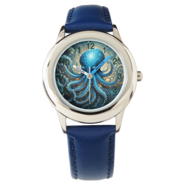 Celestial Waves: Blue Octopus Fractal Art,  Watch (Front)