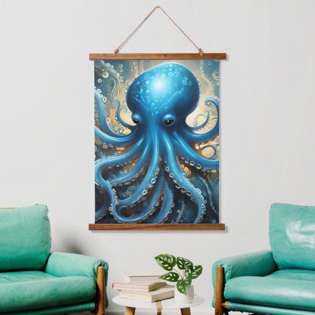 Celestial Waves: The Blue Octopus Fractal Art Hanging Tapestry (Living Room)