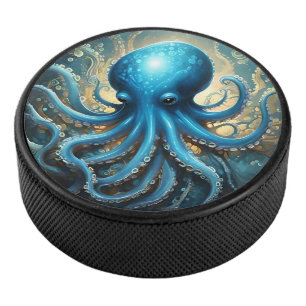 Celestial Waves: The Blue Octopus Fractal Art Hockey Puck