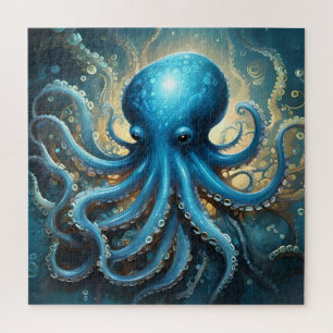 Celestial Waves: The Blue Octopus Fractal Art Jigsaw Puzzle