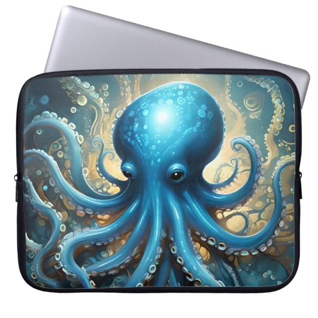 Celestial Waves: The Blue Octopus Fractal Art Laptop Sleeve (Front)