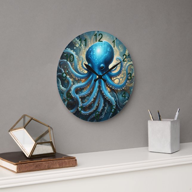 Celestial Waves: The Blue Octopus Fractal Art Large Clock (Office)
