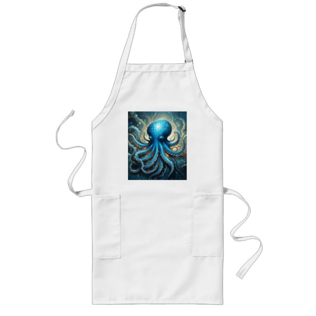 Celestial Waves: The Blue Octopus Fractal Art Long Apron (Front)