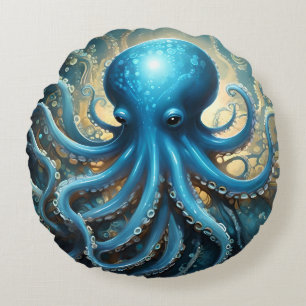 Celestial Waves: The Blue Octopus Fractal Art Round Cushion