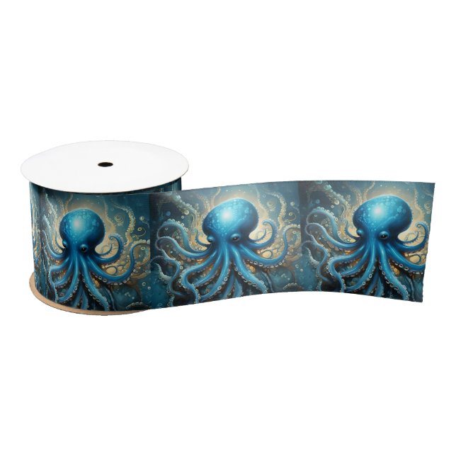 Celestial Waves: The Blue Octopus Fractal Art Satin Ribbon (Spool)