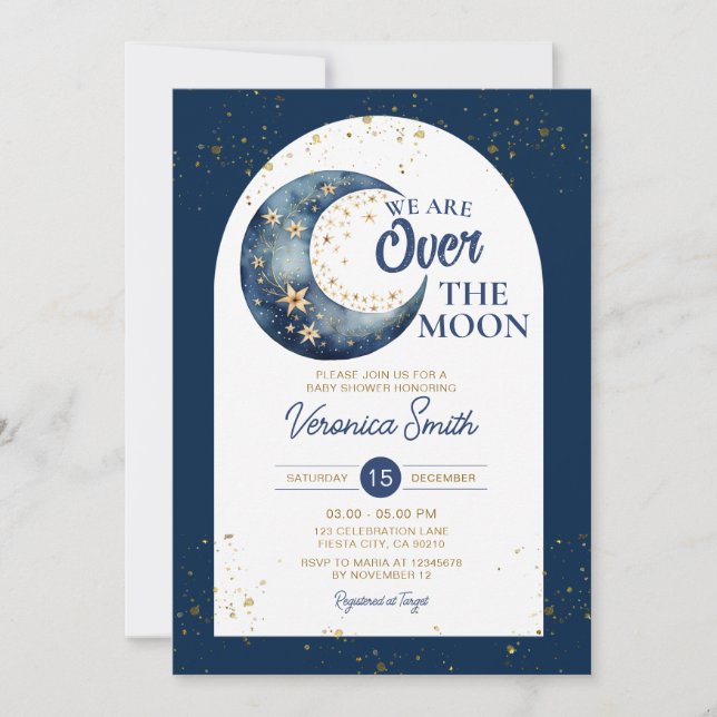 Celestial We are over the moon navy baby shower Invitation (Front)