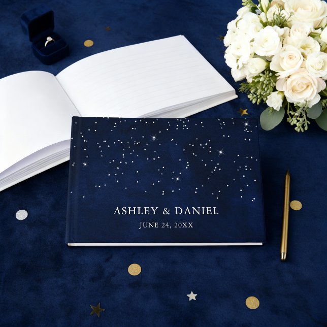 Celestial Wedding Blue Night Stars Wedding Guest Book (Customize to change text size or text style.)