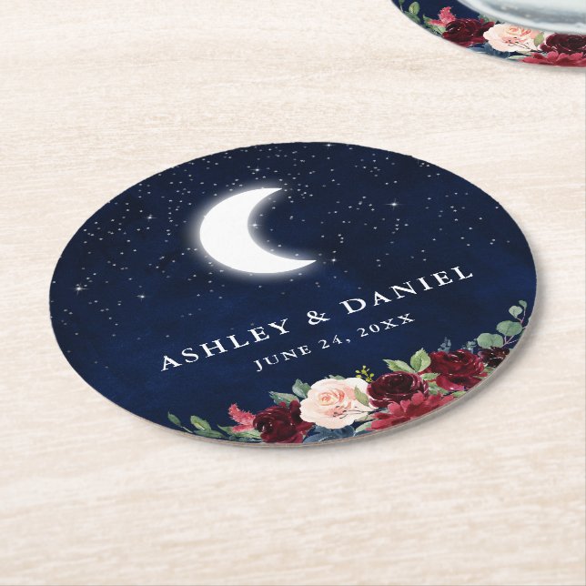 Celestial Wedding Blue Sky Moon Stars Floral Round Paper Coaster (Angled)