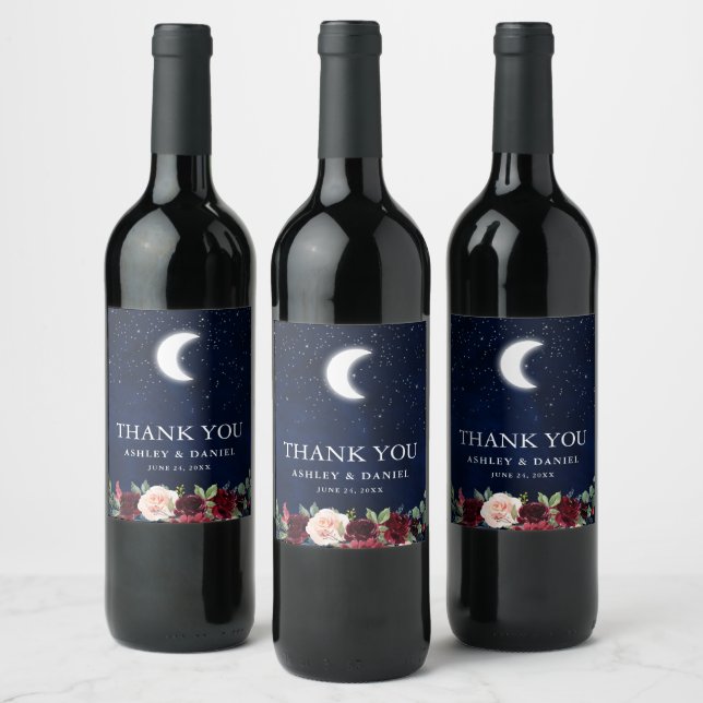 Celestial Wedding Blue Sky Moon Stars Floral Wine Label (Bottles)