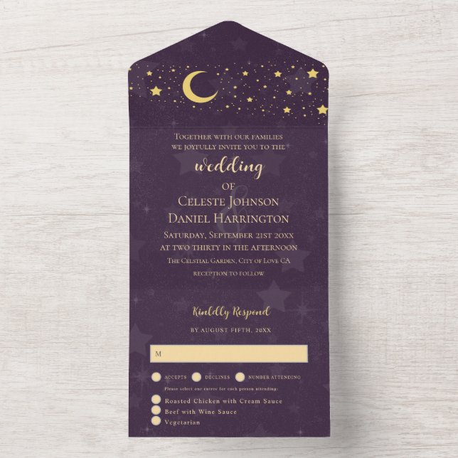 Celestial Wedding Deep Purple Moon and Stars All In One Invitation (Inside)
