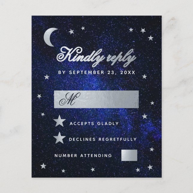 Celestial Wedding Faux Silver Stars Budget RSVP (Front)
