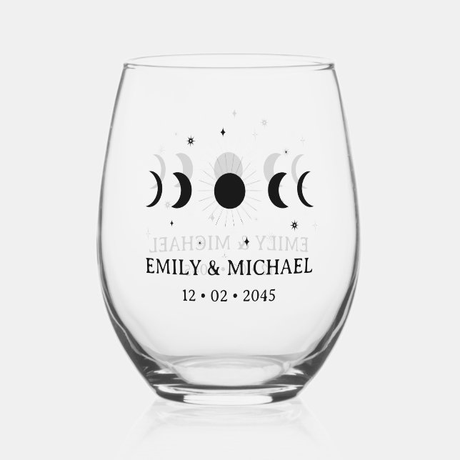 Celestial Wedding Favor Stemless Wine Glass (Front)