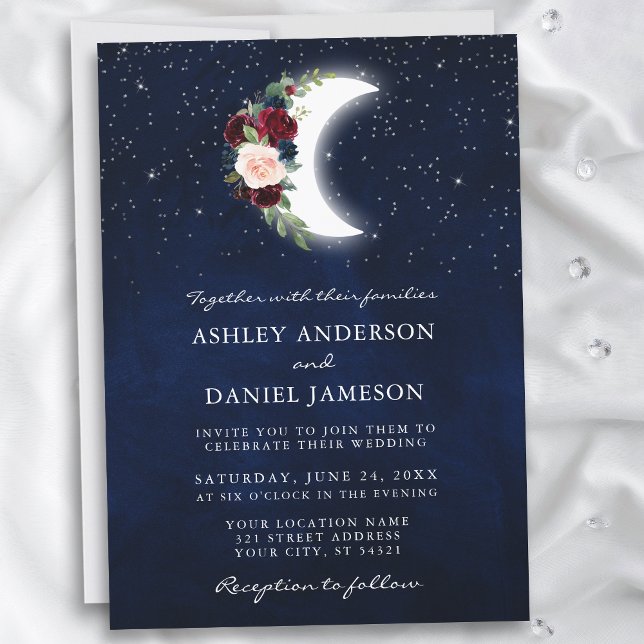 Celestial Wedding Floral Moon Stars Invitation (Customize to change text size or text style.)