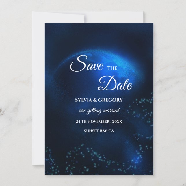Celestial wedding Full Moon & Stars Midnight blue  Save The Date (Front)