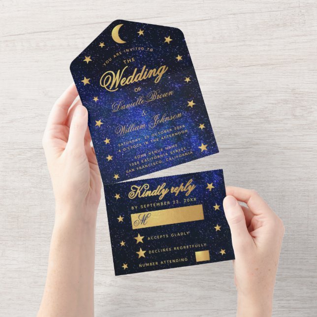 Celestial Wedding Gold Stars and Moon Elegant Blue All In One Invitation (Tearaway)