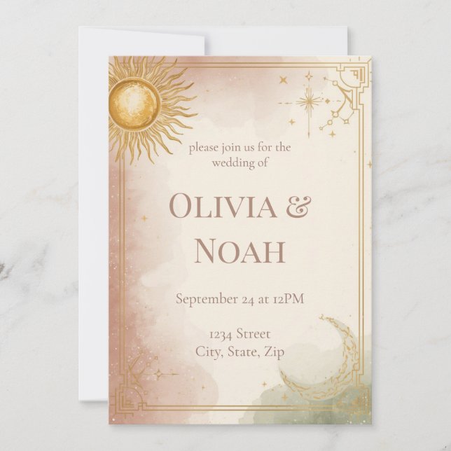 Celestial Wedding Invitation Pink Sage Gold Stars (Front)