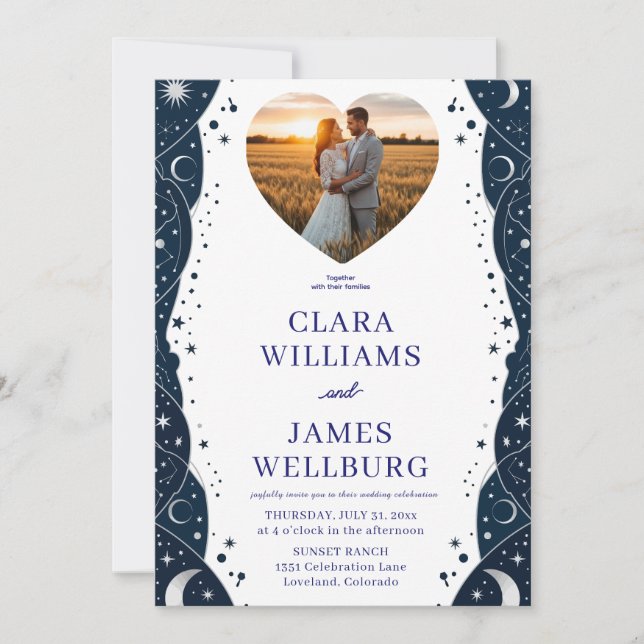 Celestial Wedding Invite Template – Deep Blue & Si (Front)