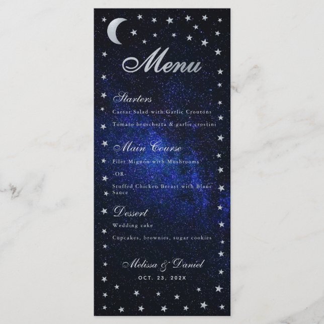 Celestial Wedding Menu Moon and Stars Calligraphy (Front)