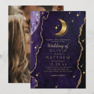 Celestial Wedding Midnight Purple Stars & Moon Invitation