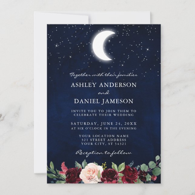 Celestial Wedding Moon Stars Floral Invitation (Front)