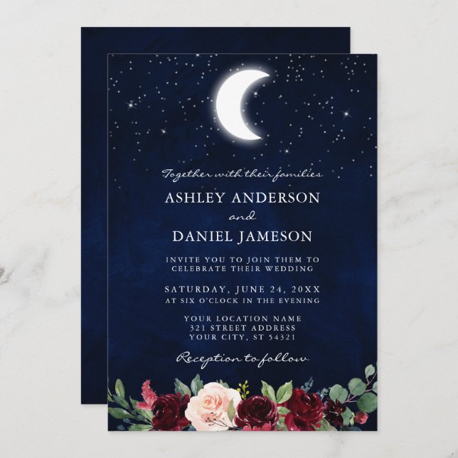 Celestial Wedding Moon Stars Floral Photo Invitation (Front/Back)