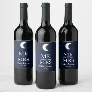 Celestial Wedding Moon Stars Mr. and Mrs. Wine Label