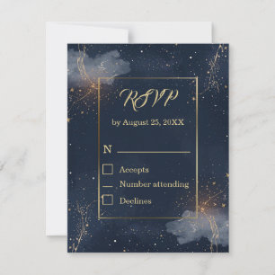 Celestial Wedding RSVP Card   Navy & Gold Stars