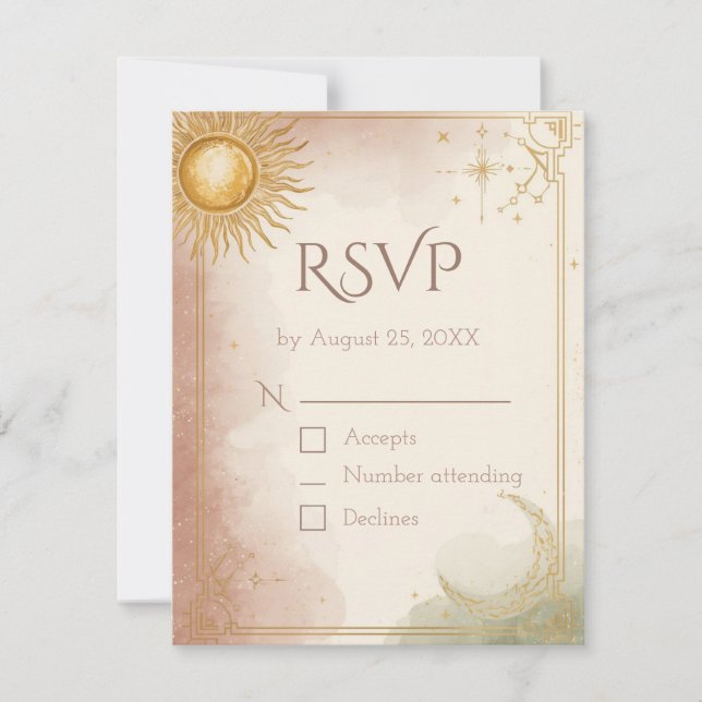 Celestial Wedding RSVP Card QR Code Pink Sage Gold (Front)