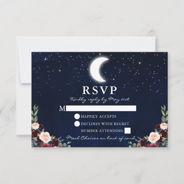 Celestial Wedding Sky Moon Stars Floral Meal Back RSVP Card (Front)