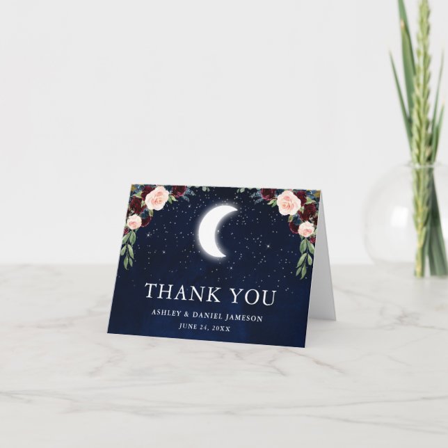 Celestial Wedding Sky Moon Stars Floral Note Thank You Card (Front)